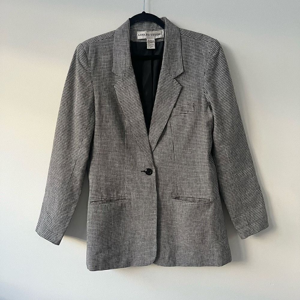 Adolfo Studio Womens  Notch Lapel Single Breasted  Checked Gray Blazer Size 10